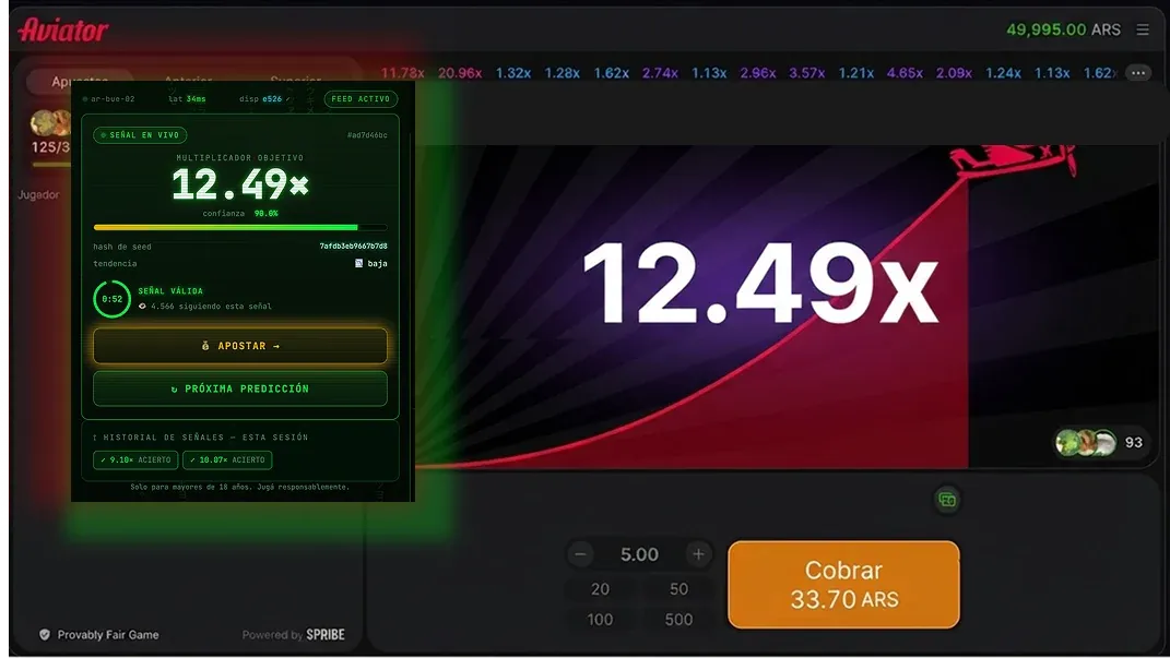 Predictor Aviator en español con señal 12,49× y saldo mostrado en ARS