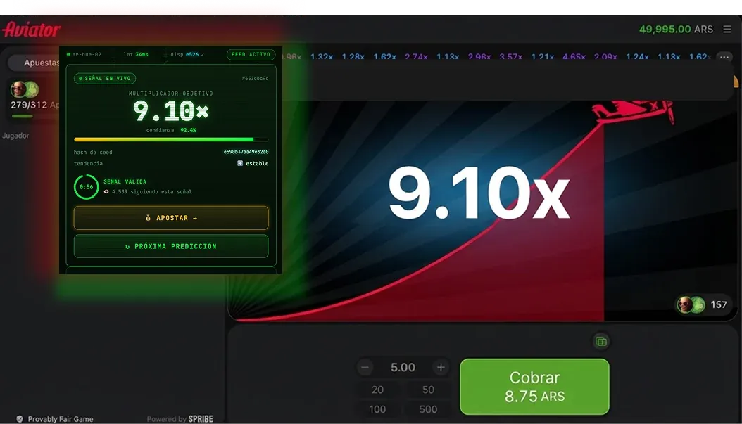 Señal Aviator en vivo con objetivo 9,10× e interfaz en español y ARS